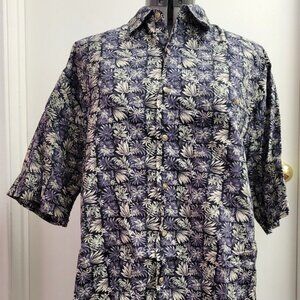 Bamboo Cay Hawaiian Shirt Size Large Blue Fern & Leaves Cotton Lawn Aloha